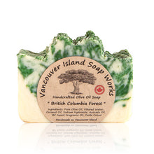 Load image into Gallery viewer, BC in a bar, if you've ever been in the forests of the Pacific Northwest after the rain then you know this scent. The evergreen aroma gives you that post-hike feeling from the comfort of your bathroom. Handmade, natural, vegan, olive oil soap. Made on Vancouver Island in BC, Canada.