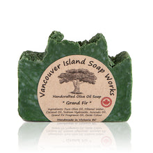 Load image into Gallery viewer, Grand Fir (abies grandis) is native to the Pacific Northwest and is every bit as grand as its name. Its intoxicating scent is a match made in heaven combined with our olive oil soap base. Handmade, natural, vegan, olive oil soap. Made on Vancouver Island in BC, Canada.