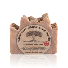 Load image into Gallery viewer, We love to make beer soap. A perfect gift for the Guinness lover in your life. Oakmoss and ambrette complement the Guinness to bring you a well-rounded scent that keeps you from smelling like you just came back from the pub. Handmade, natural, vegan, olive oil soap. Made on Vancouver Island in BC, Canada.