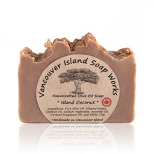 Load image into Gallery viewer, International travel is on hold for now, but this sweet and creamy bar will bring the tropics to you instead. Handmade, natural, vegan, olive oil soap. Made on Vancouver Island in BC, Canada.
