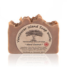 Load image into Gallery viewer, International travel is on hold for now, but this sweet and creamy bar will bring the tropics to you instead. Handmade, natural, vegan, olive oil soap. Made on Vancouver Island in BC, Canada.