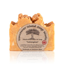Load image into Gallery viewer, Beyond its clean, fresh aroma, Lemongrass is known to be anti-bacterial, anti-fungal and stress-relieving. This bar is sure to leave both your skin and mood refreshed. Handmade, natural, vegan, olive oil soap. Made on Vancouver Island in BC, Canada.