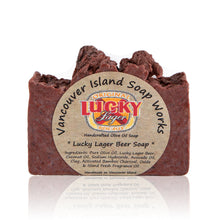 Load image into Gallery viewer, Our most famous soap! We took Lucky Lager and combined it with our olive oil soap base, a complementary essential oil blend and a brick-like aesthetic inspired by the hard-working type of person that tends to enjoy a Lucky Lager. Handmade, natural, vegan, olive oil soap. Made on Vancouver Island in BC, Canada.