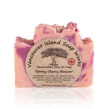 Load image into Gallery viewer, This pleasantly pink soap is spring in a bar. The light, sweet and refreshing aroma is a tribute to the cherry blossoms that come alive in Victoria, BC every spring. Handmade, natural, vegan, olive oil soap. Made on Vancouver Island in BC, Canada.