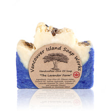 Load image into Gallery viewer, Soothing lavender with a hint of mint. We've combined lavender essential oil with lavender flowers to give you a double dose of calming and balancing. Easily irritated skin types will particularly benefit from this bar. Handmade, natural, vegan, olive oil soap. Made on Vancouver Island in BC, Canada.