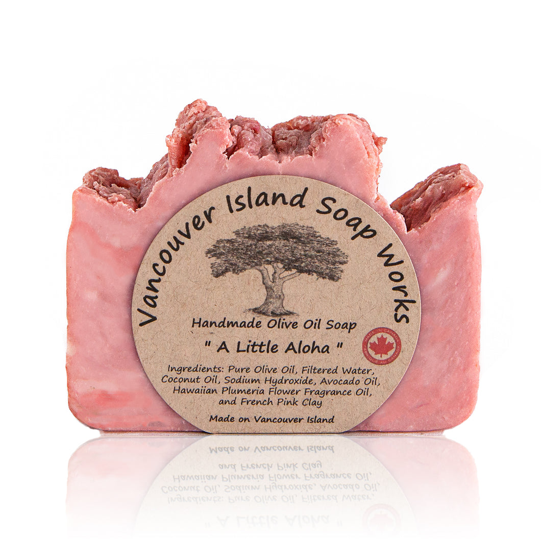 This fresh floral scent takes us right back to Hawaiian shores. Handmade, natural, vegan, olive oil soap, sweetly scented with plumeria, 'A Little Aloha' will transport you there too. Made on Vancouver Island in BC, Canada.