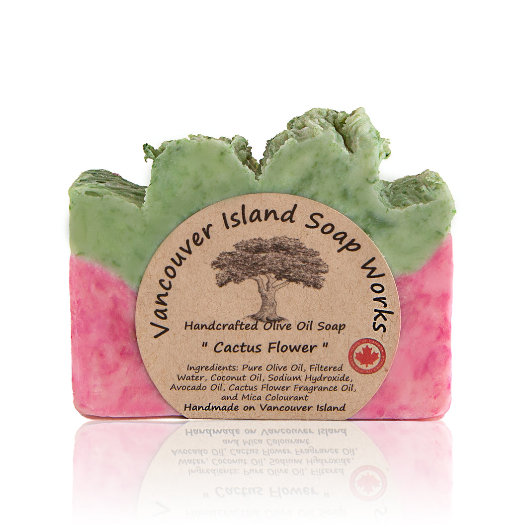 Cactus Flower is not your typical floral, this unique, delicate scent has layers of citrus and berries too. Handmade, natural, vegan, olive oil soap. Made on Vancouver Island in BC, Canada.