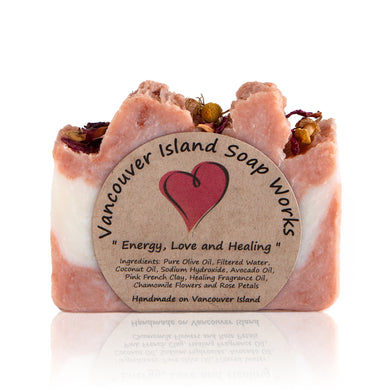 Our number one bestselling bar, for good reason! This beautifully sweet scent combines with french pink clay, chamomile and rose petals to create a sumptuous soap experience. Handmade, natural, vegan, olive oil soap. Made on Vancouver Island in BC, Canada.