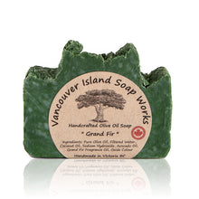 Load image into Gallery viewer, Grand Fir (abies grandis) is native to the Pacific Northwest and is every bit as grand as its name. Its intoxicating scent is a match made in heaven combined with our olive oil soap base. Handmade, natural, vegan, olive oil soap. Made on Vancouver Island in BC, Canada.
