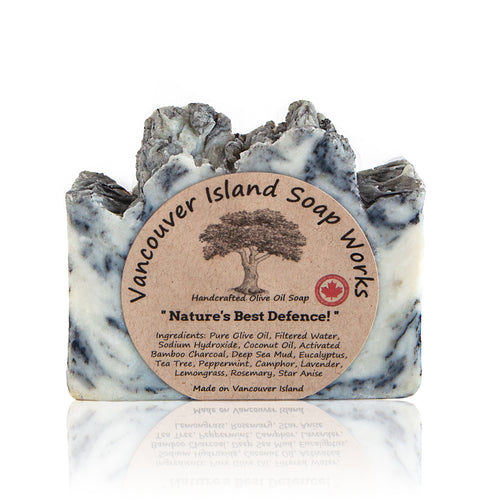 We have combined seven different anti-viral and anti-bacterial essential oils, along with deep-sea mud and activated bamboo charcoal to give you this detoxifying yet moisturizing soap. Handmade, natural, vegan, olive oil soap. Made on Vancouver Island in BC, Canada.