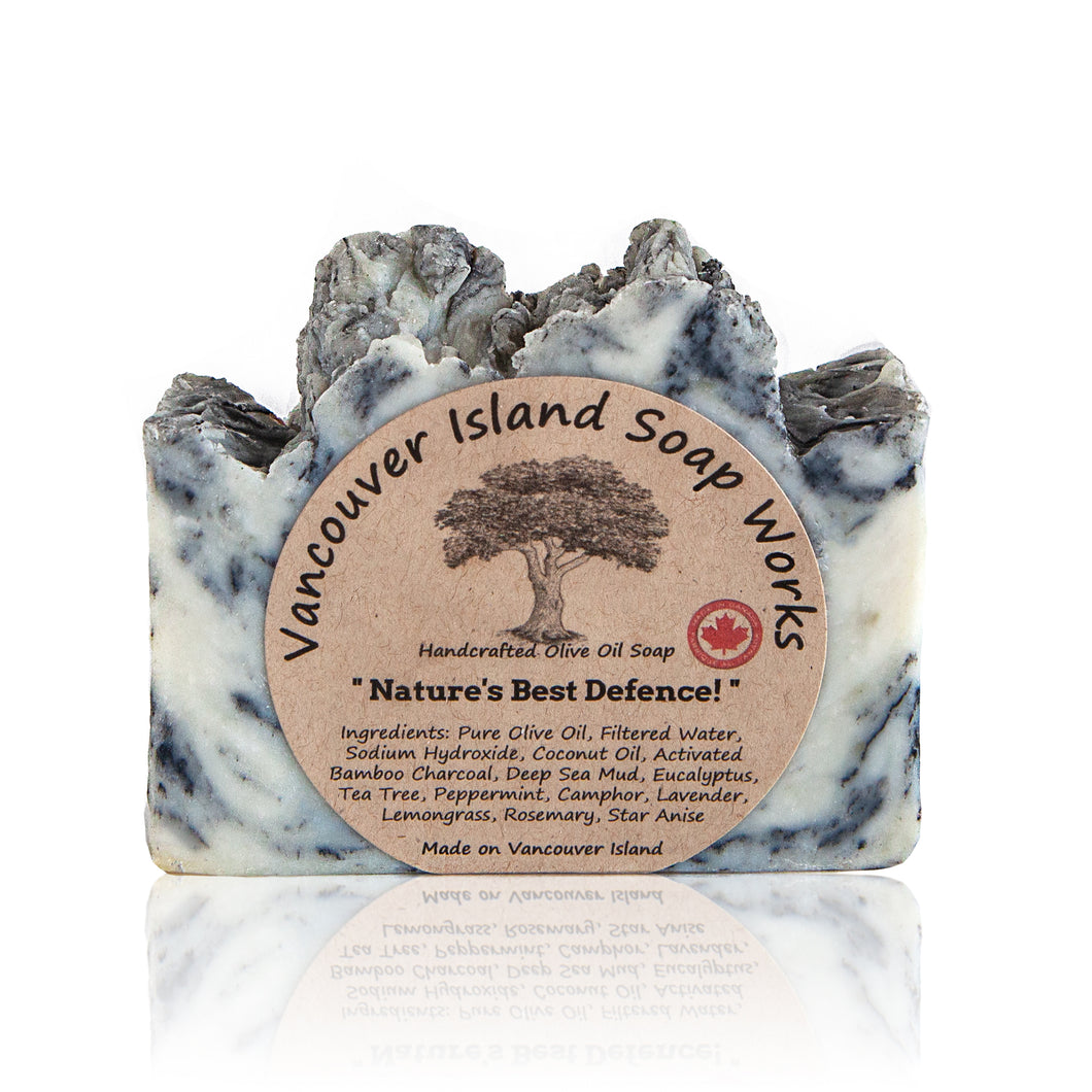 We have combined seven different anti-viral and anti-bacterial essential oils, along with deep-sea mud and activated bamboo charcoal to give you this detoxifying yet moisturizing soap. Handmade, natural, vegan, olive oil soap. Made on Vancouver Island in BC, Canada.