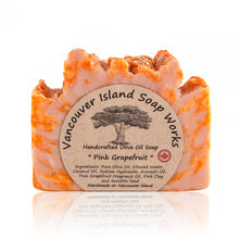 Load image into Gallery viewer, This beautiful bar will wake you up &amp; put some pep in your step. Pink Grapefruit is exceptionally energizing, mood balancing and stress relieving. Add that to its supreme cleansing qualities and this is the ideal soap for morning bathers. Handmade, natural, vegan, olive oil soap. Made on Vancouver Island in BC, Canada.
