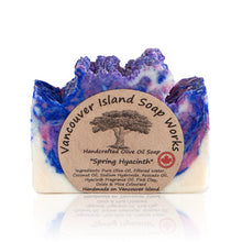 Load image into Gallery viewer, This gorgeous soap encapsulates the fresh aroma of spring. The true hyacinth scent is a hit with floral lovers. It also looks incredible in your soap dish. Handmade, natural, vegan, olive oil soap. Made on Vancouver Island in BC, Canada.
