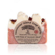 Load image into Gallery viewer, A customer favourite! If you stop and smell the roses then you&#39;ll know that there&#39;s little better than the scent of wild rose. Combined with the creamy lather of our olive oil soap base and with added french pink clay. Handmade, natural, vegan, olive oil soap. Made on Vancouver Island in BC, Canada.
